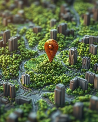 Map with a 3D location pin in a green urban area, ecofriendly city concept, bright and futuristic