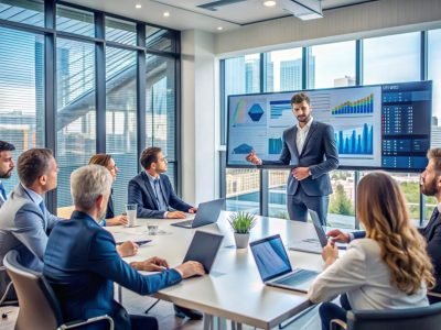 Business meeting in a modern office with a man presenting data on a large screen.