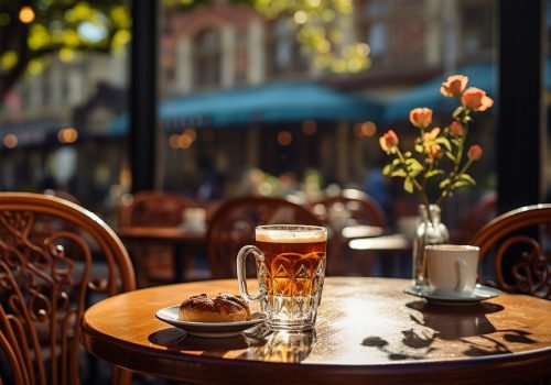 Wooden bar table with coffee cup and glass of beer generated by AI Wooden bar table with coffee cup and glass of beer generated by artificial intelligence